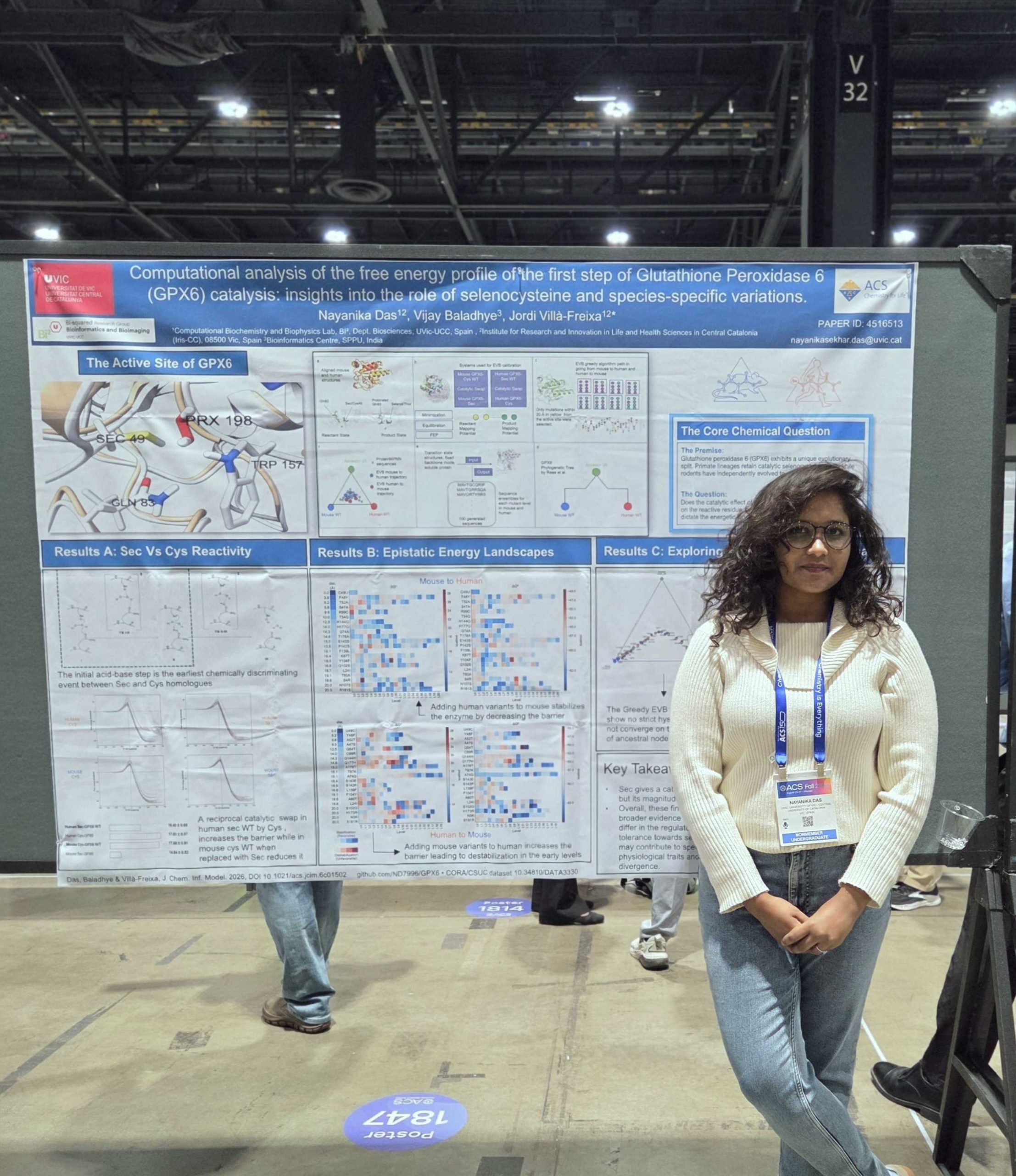 Nayanika Das next to her poster on GPX6 catalysis during the ACS Fall 2026 poster session
