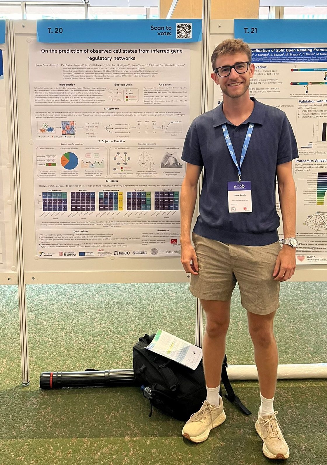 Roger Casals standing next to his poster on gene regulatory network inference at ECCB 2026