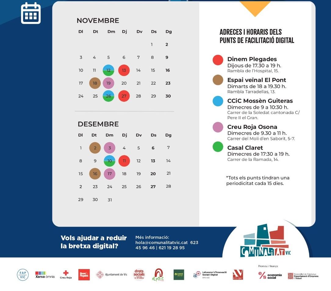 Calendari amb dates i llocs d'on es farà la xarxa de facilitació digital