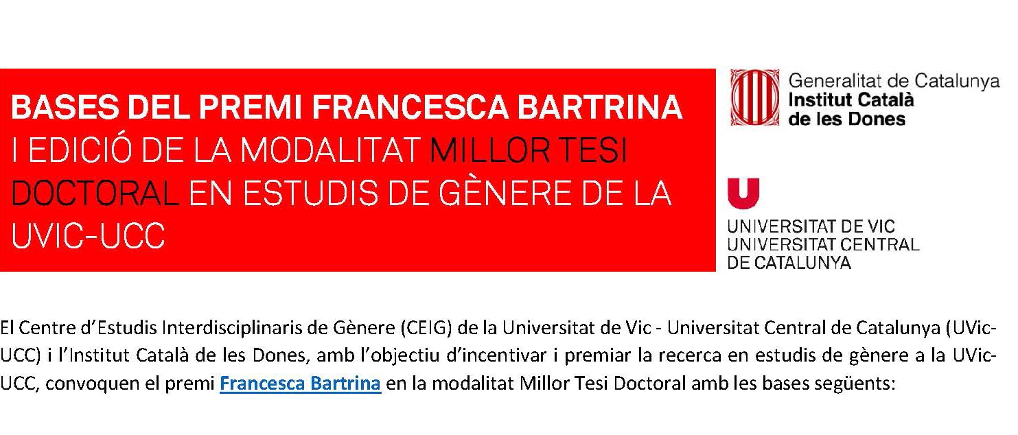 Convocatòria de la primera edició del Premi Francesca Bartrina per a la millor tesi doctoral en estudis de gènere de la UVic-UCC