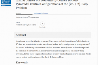 Montse Corbera has published a new paper on convex but non-strictly convex central configurations of the spatial (2n+2)-body problem